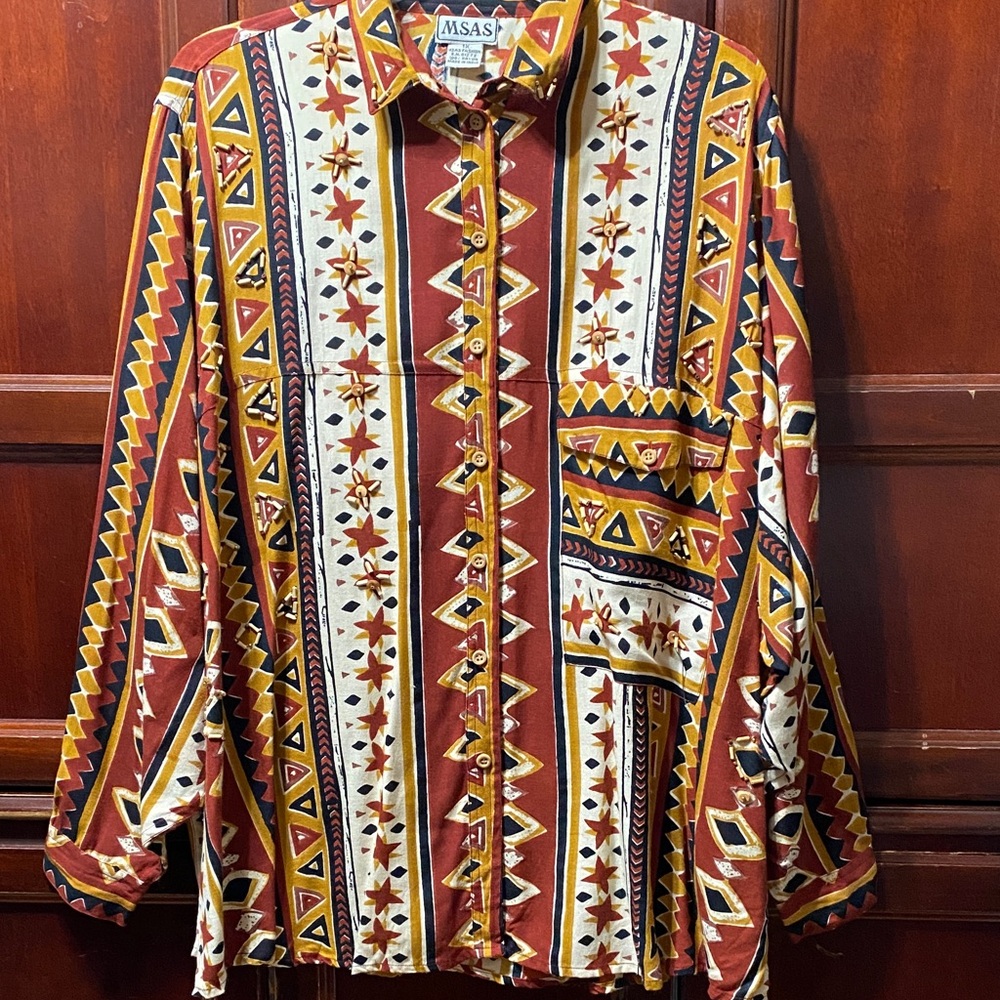 MSAS Vintage Geometric red gold cream Button-Up oversized Shirt plus size 1X